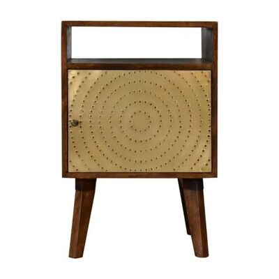 Aconite Bedside Cabinet
Brass Finish Cupboard with circular spiral open cut dots
Chestnut Wood Finish.  Top Open Slot