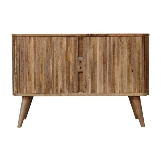 The Fifties-Style Stripe Sideboard has that contemporary style which is back in fashion today. Made of solid Mango wood with an Oak effect finish, it is hand crafted for top quality.