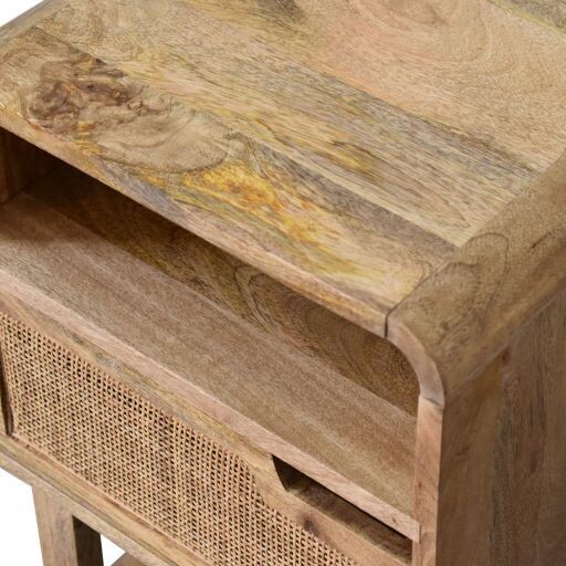 Gower wooden bedside cabinet with open compartment and woven drawer front