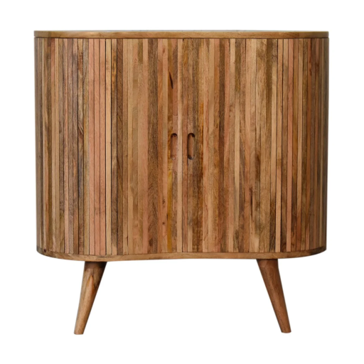 This Stripe Wood Cabinet features a distinctive elegant mixed wood vertical pattern, as well as featuring two cut-out handles and four nordic style legs. Slide back open cupboard front with internal shelf