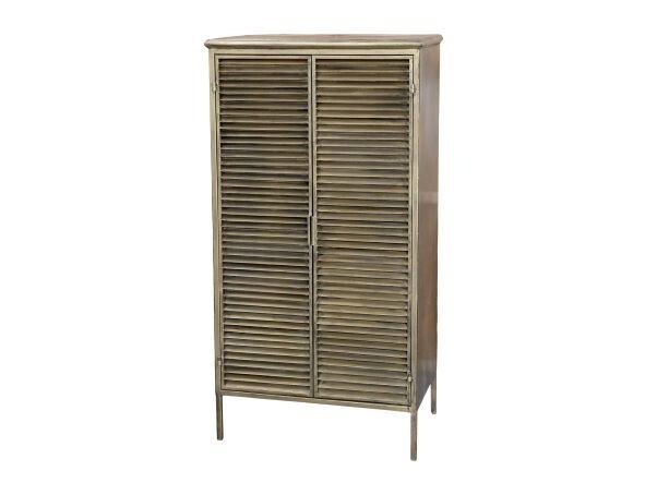 A well made slatted door cabinet in an antique brass finish.