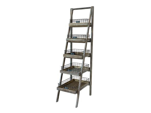 A neat ladder shelving unit complete with baskets on each shelf.