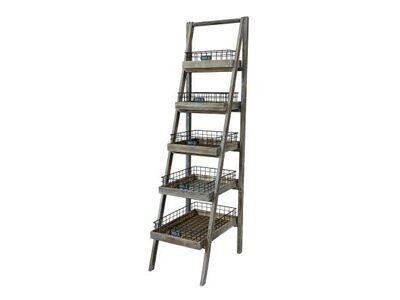 A neat ladder shelving unit complete with baskets on each shelf.