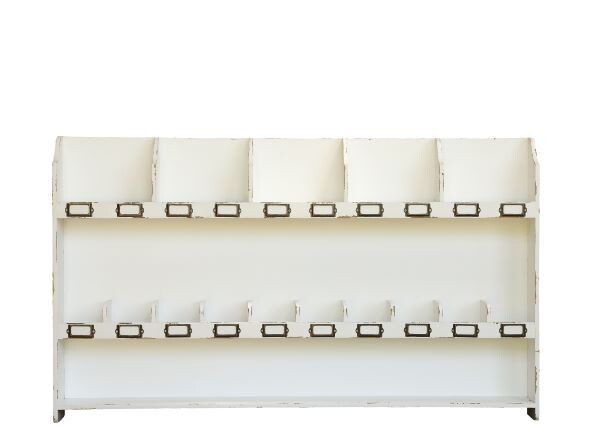 There are fifteen individual compartments (five large and ten smaller) on this excellent sorting shelf, and you can use it for all those things that you don't really have a proper home for! Each compartment has its own metal name tag holder. Made of fir wood and measuring 120 cm long, and 70 cm height. 