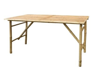 A natural bamboo table top on this table which has foldable legs for handy storage.