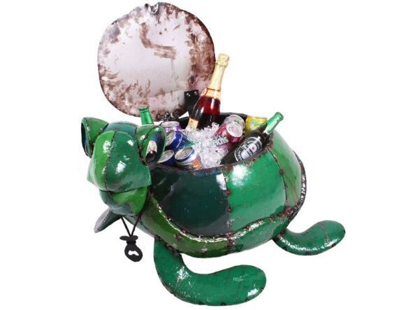 Here's Terence the Turtle; He's a great addition to any party, and he will be sure to look after the booze!!
Plenty of room for the ice and the drinks, once you lift up his shell lid, and a great metal sculpture when he's free!