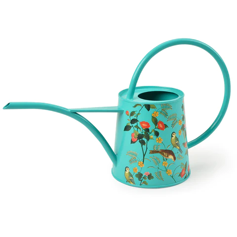 Flora and Fauna Pattern.  Turquoise colour finish.  
Indoor watering can with thin spout and oval handle