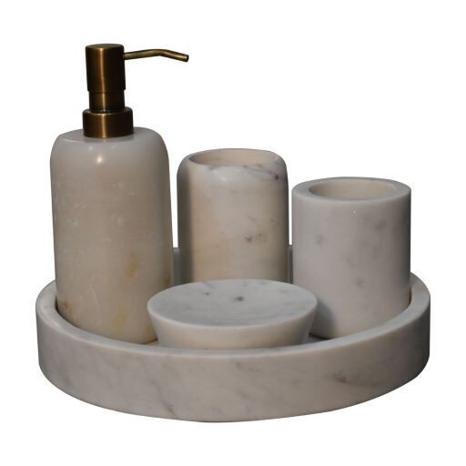 White Marble Bathroom Set
Tray, Dispenser, Two pots and small dish.
