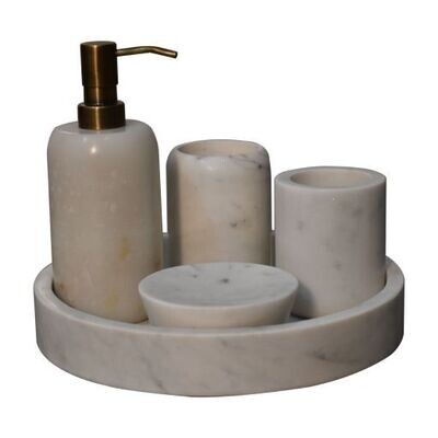 White Marble Bathroom Set
Tray, Dispenser, Two pots and small dish.