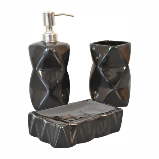 A beautiful hand made set of bathroom accessories in a stylish black.