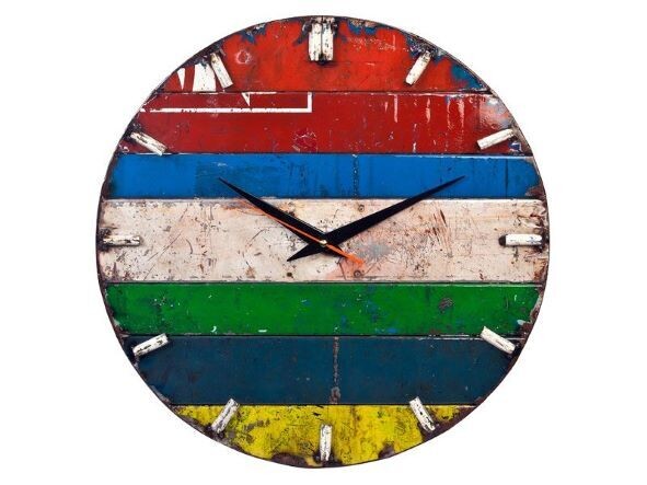 Recycled Rock around the Clock
made from recycled oil drums
Strips of colour red, blue, white, green, dark blue, yellow
black hands
White markers