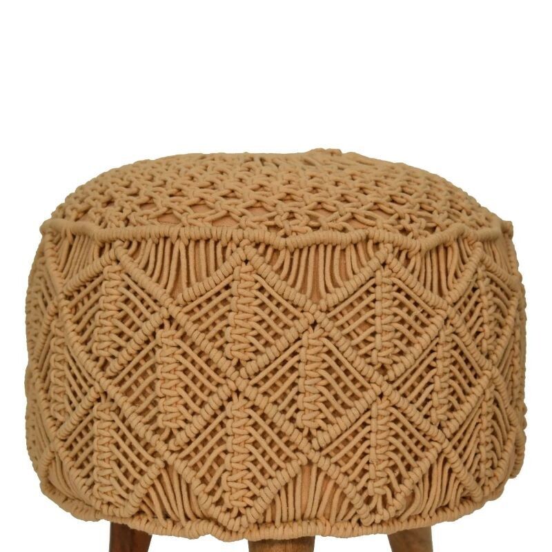Crochet Footstool. Three nordic style legs with patterned crochet in Mustard Finish