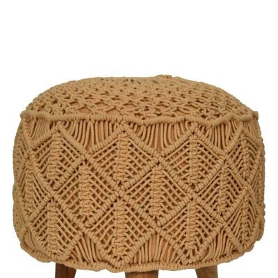 Crochet Footstool. Three nordic style legs with patterned crochet in Mustard Finish