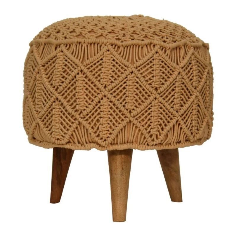 Crochet Footstool.  Three nordic style legs with patterned crochet in Mustard Finish