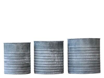 Set of three zinc finish round planters
Small medium large
Circular containers with ridges horizontally