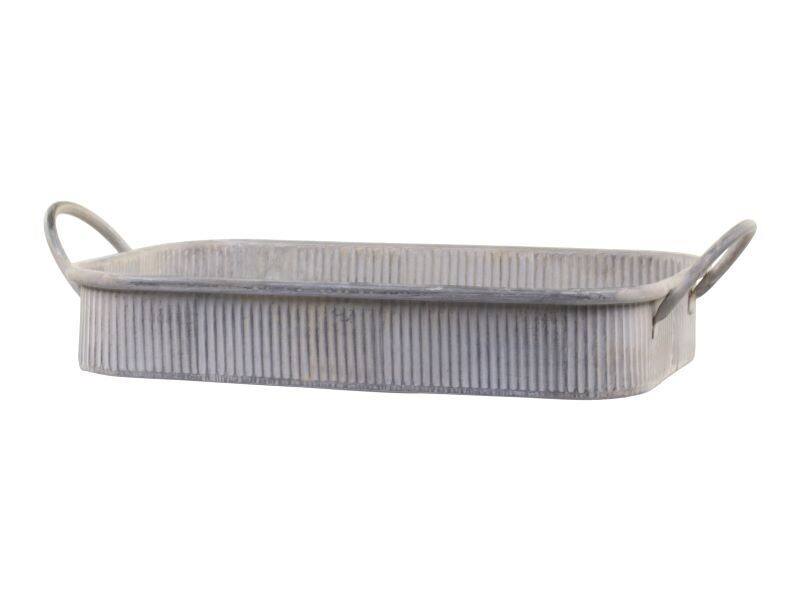 Zinc Finish Tray Style Planter with Loop handle each end.  Sides have a grooved ridge vertical design