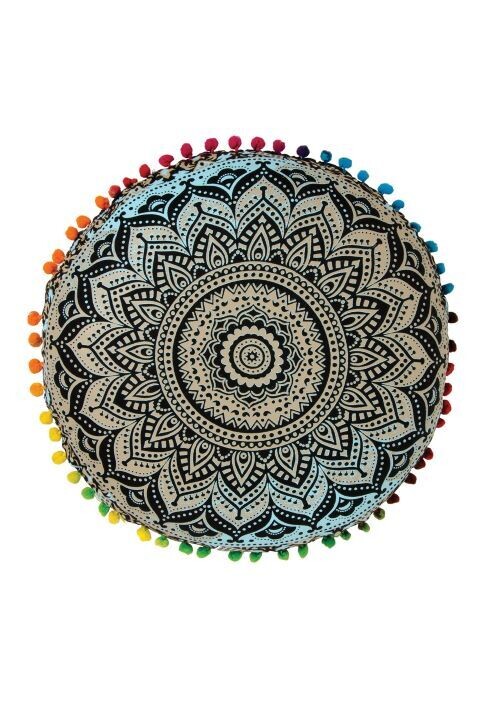 Fair trade Mandala Yoga Cushion with Pom Poms - Green Finish Pattern