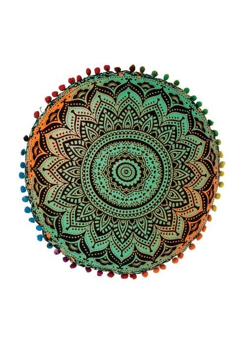 Fair trade Mandala Yoga Cushion with Pom Poms - Rainbow Finish Pattern