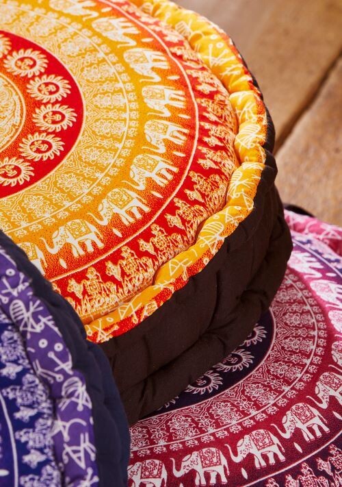 Fair Trade Peacock Print Yoga / Meditation Pouffe
Stack of Cushions Purple, Orange, Red, Blue