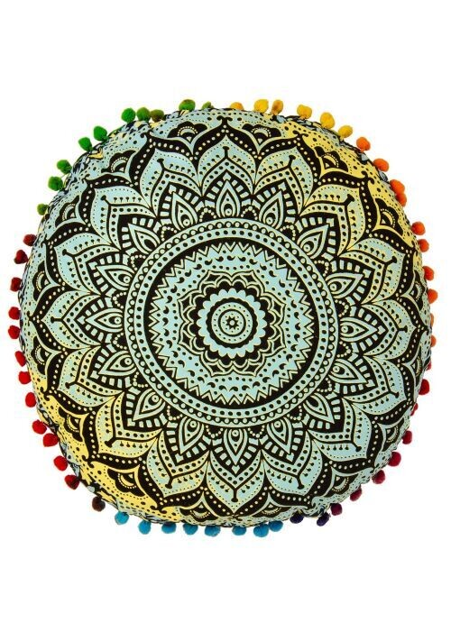 Fair trade Mandala Yoga Cushion with Pom Poms - Blue Finish Pattern