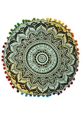 Fair trade Mandala Yoga Cushion with Pom Poms - Blue Finish Pattern