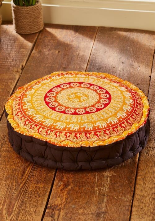 Fair Trade Elephant Print Yoga / Meditation Pouffe - Orange
