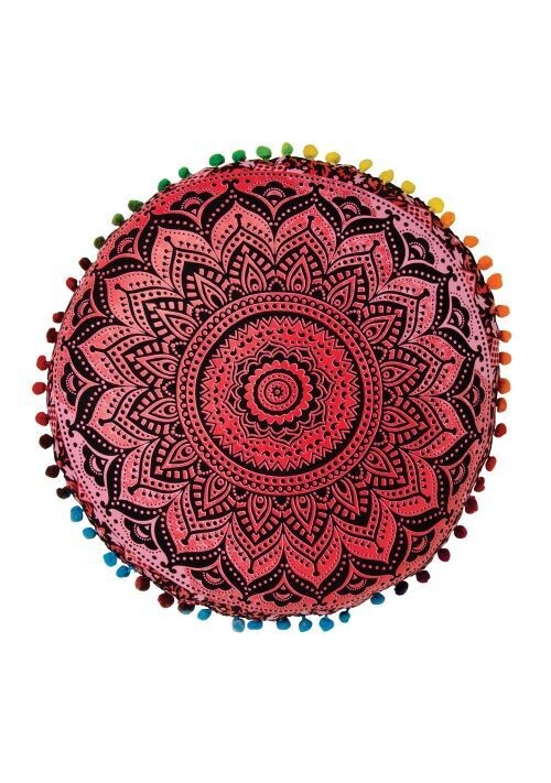 Fair trade Mandala Yoga Cushion with Pom Poms - Pink Finish Pattern