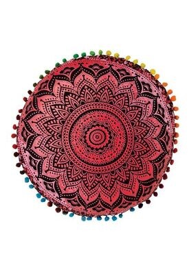 Fair trade Mandala Yoga Cushion with Pom Poms - Pink Finish Pattern