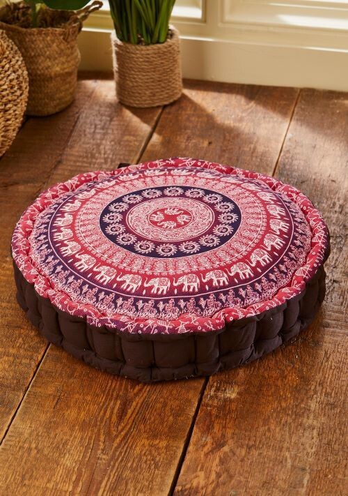 Fair Trade Elephant Print Yoga / Meditation Pouffe - Pink