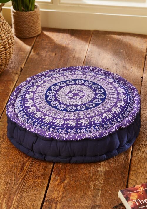 Fair Trade Elephant Print Yoga / Meditation Pouffe - Purple