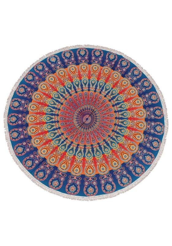 Fringed Cotton Beach Roundie / Yoga Mat
Circular, symmetrical Mat in blue, orange and red pattern