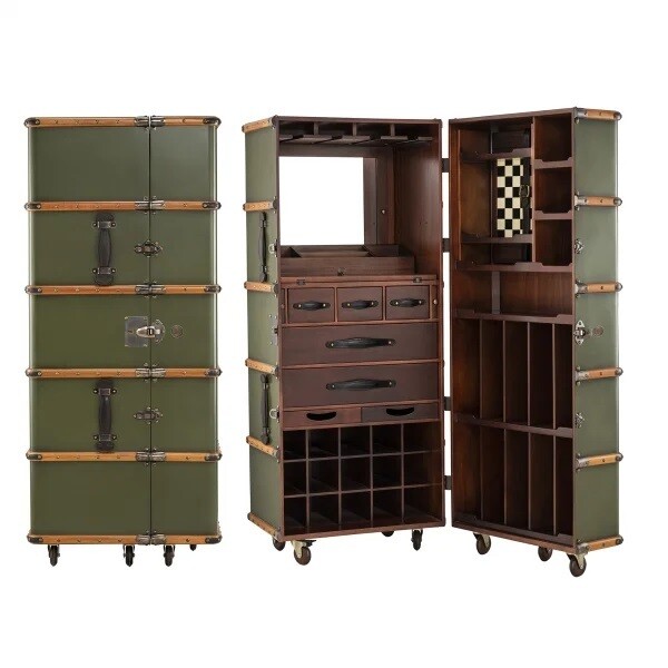 All hidden within a trunk, this Stateroom Bar Cabinet is the Rolls-Royce of excellence.
It has all you need to look after your favourite guests with plenty of room for wine bottles, glasses, cans and a mirror,a chessboard, and plenty of drawer space. 
