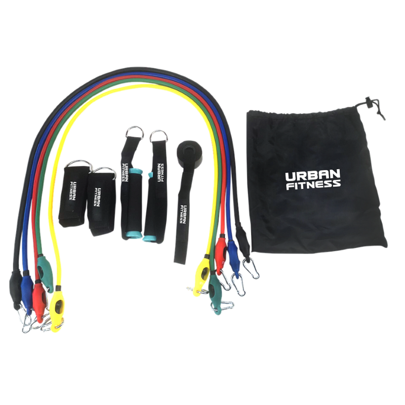 Urban Fitness 11 pc Resistance tube Set
Black bag, Colourful tubes and attachments