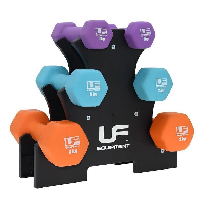 Urban Fitness 12kg Dumbbell Tree Set
Black Stand with White Logo
Orange, Turquoise and Mauve Dumbbells