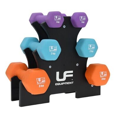 Urban Fitness 12kg Dumbbell Tree Set
Black Stand with White Logo
Orange, Turquoise and Mauve Dumbbells