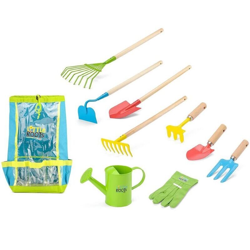 Children's garden Tool Backpack - with watering can, gloves, hand trowel rake, trowel and fork.  Leaf rake, hoem rake and spade.