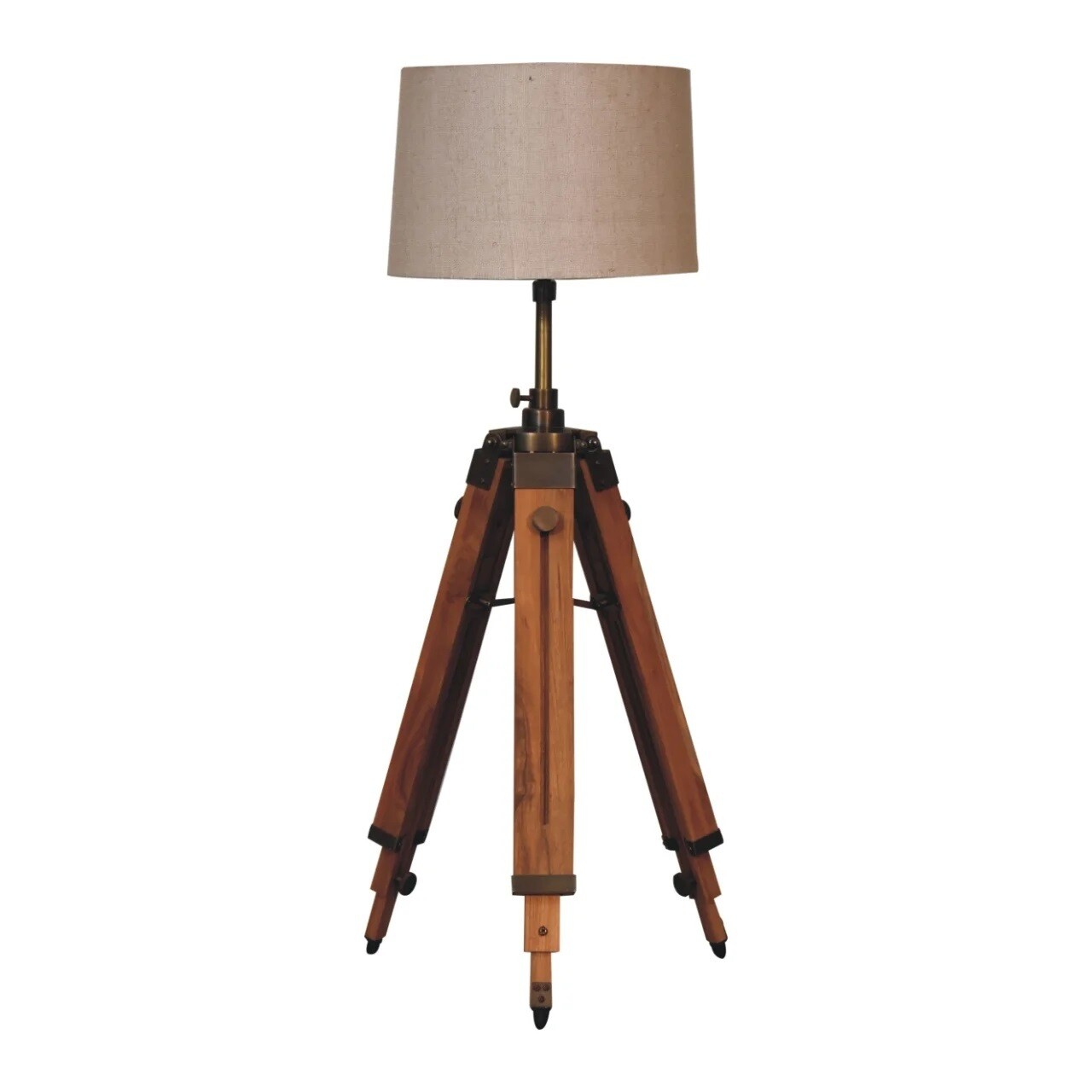 Teak Wood Tripod Stand with Brass Finishes.
Beige Lampshade