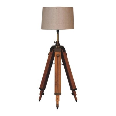 Teak Wood Tripod Stand with Brass Finishes.
Beige Lampshade