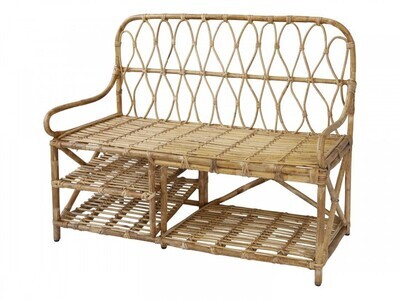 The Soleil Bench fits perfectly with the Soleil Dresser (available separately) and is made of strong rattan. See the handy shelves underneath.