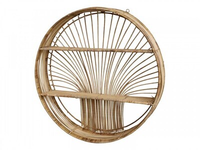 Soliel Wall Shelf in Natural Finish.  Circular with two Shelves and Tree Design at back.