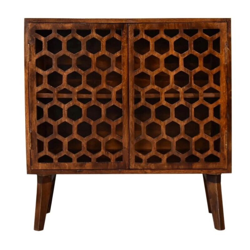 Made from solid Mango wood, this honeycomb design cabinet is finished in a chestnut stain and has two opening doors.