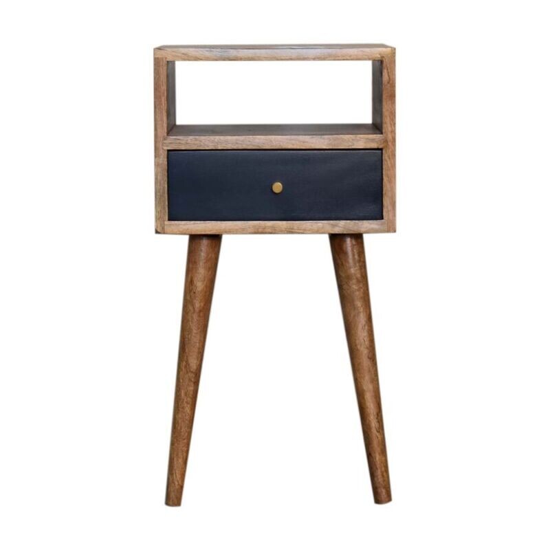 The Tonic Open Bedside Cabinet is a lovely hand crafted cabinet and this version has an open shelf between the drawer and the cabinet top. This colourway shows the drawer with a navy blue d