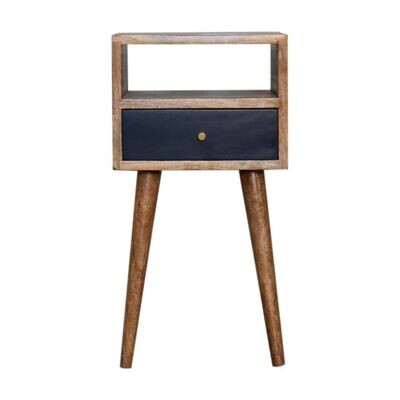 The Tonic Open Bedside Cabinet is a lovely hand crafted cabinet and this version has an open shelf between the drawer and the cabinet top. This colourway shows the drawer with a navy blue d