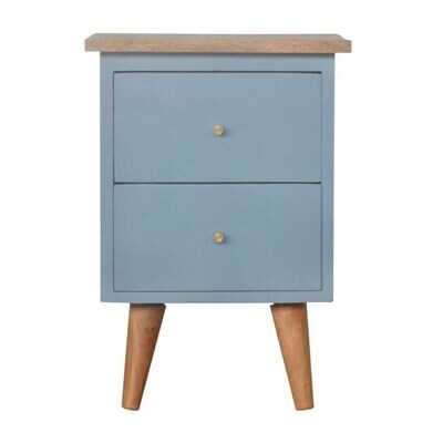 Two Drawer light blue bedside cabinet with natural wood unpainted top surface and natural finish nordic style legs