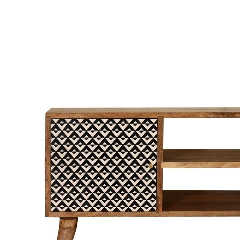 Banks media unit featuring open shelving and cupboard storage in a balanced, minimalist style