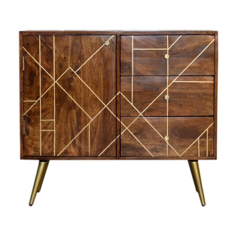 The Abstract Sideboard with a brass inlay design and chestnut finished mango wood