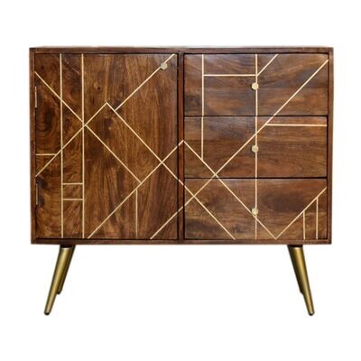 The Abstract Sideboard with a brass inlay design and chestnut finished mango wood
