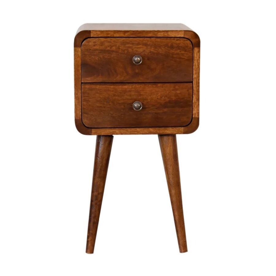 This bedside cabinet has been specially designed for a restricted space, yet still boasts two good sized drawers.