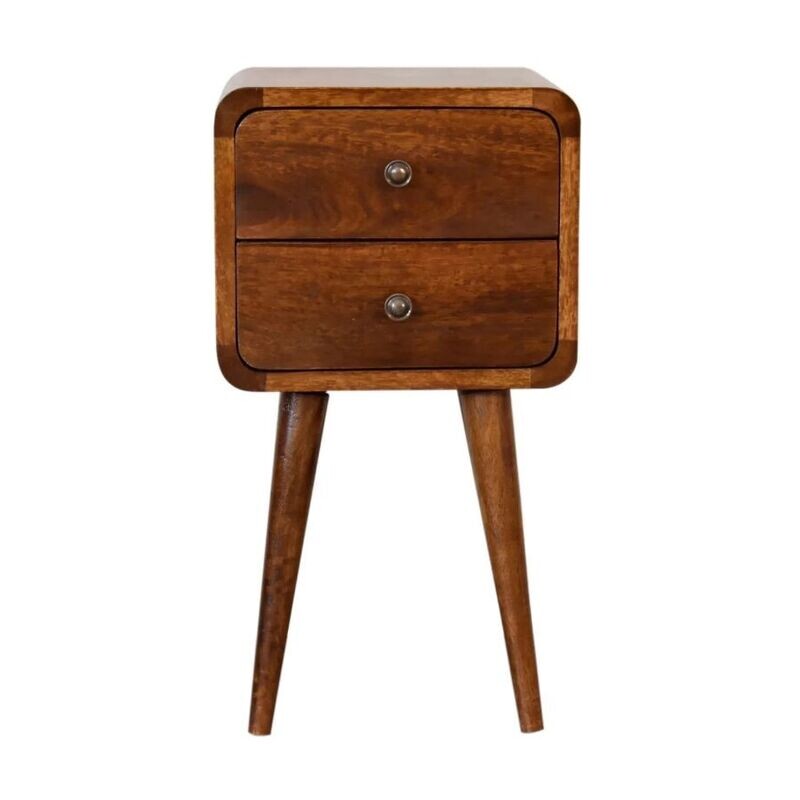 This bedside cabinet has been specially designed for a restricted space, yet still boasts two good sized drawers.