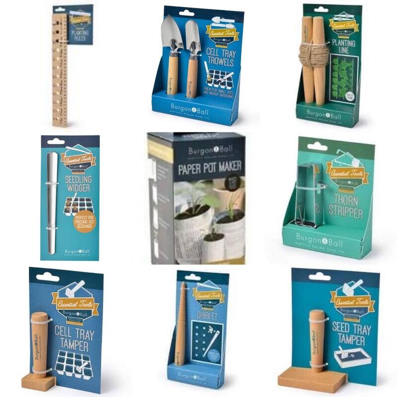 plant ruler, cell trowels, plant line, diblet, pot maker, cell tray tamper, seed tray tamper, thorn stripper and seedling widger.